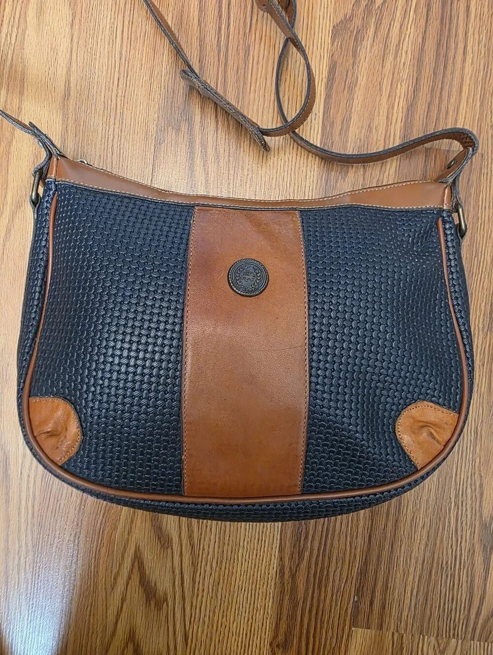 Vintage John Romain Navy Blue Tan Two Tone Shoulder Bag Crossbody Purse Textured
